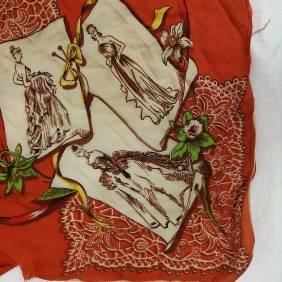 𝅺VTG 20s Antique ORANGE Ladies print scarf -- as is with flaws & torn - Picture 3 of 12